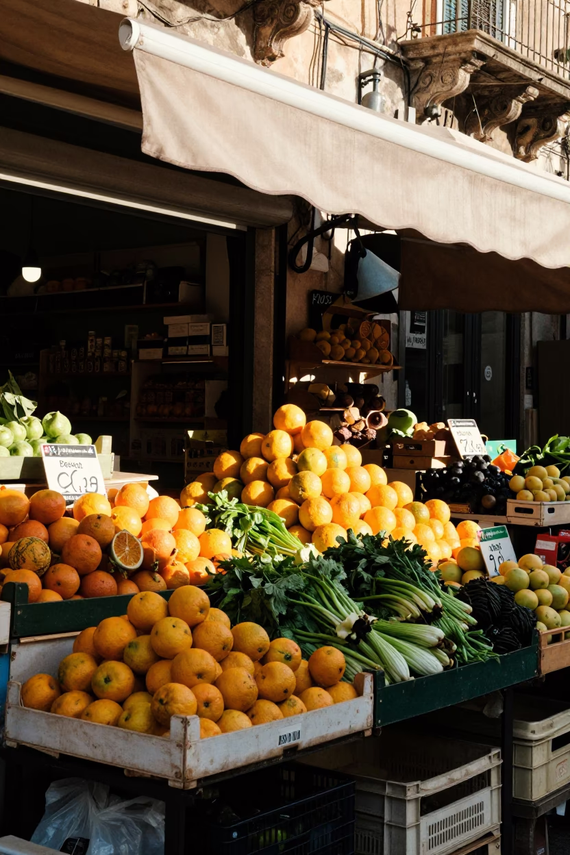 Morning Market Stall in Palermo Italy with Fresh Produce and Local Interaction in in Palermo, Italy