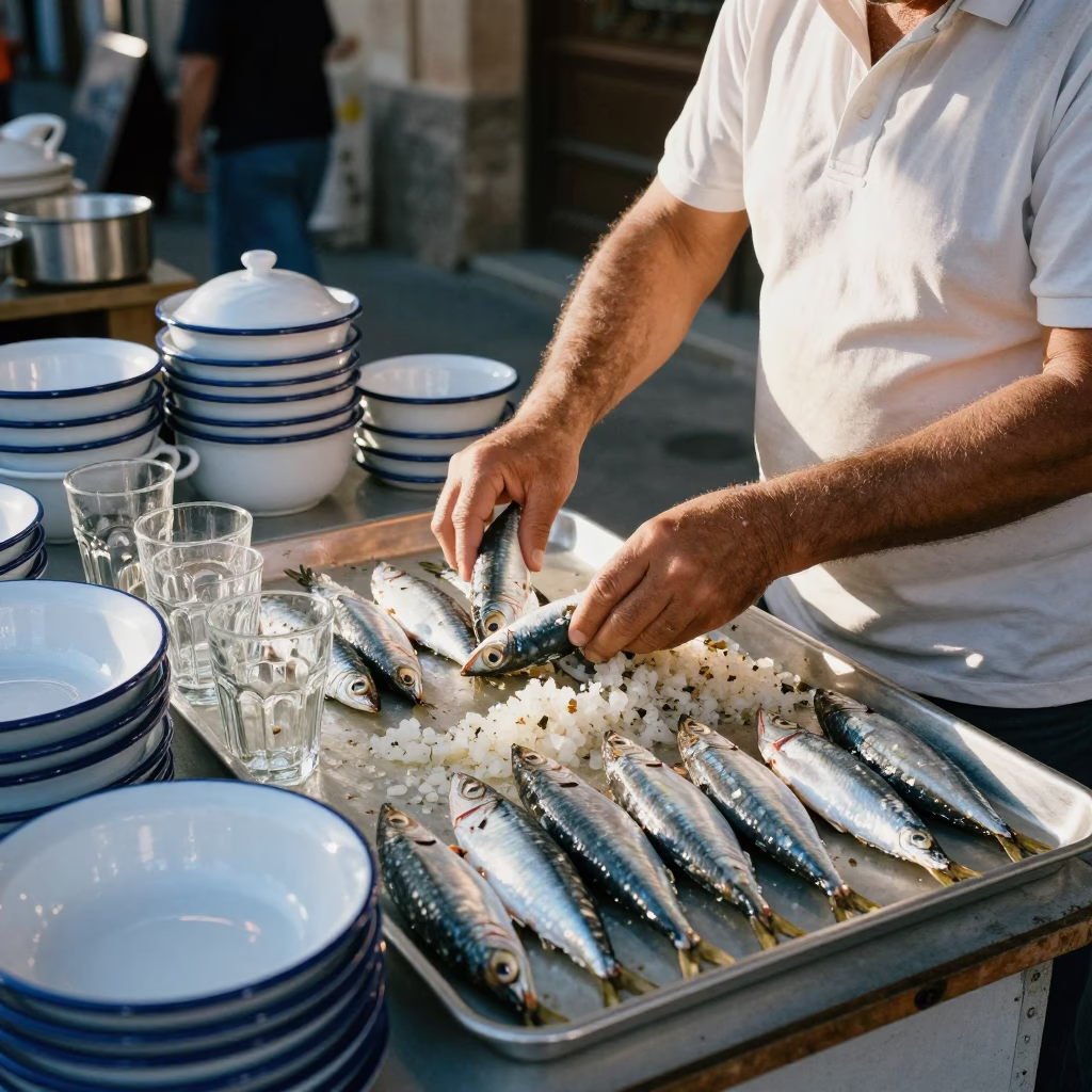 Morning Market Stall in Palermo Italy with Sardines and Glass Tumblers in in Palermo, Italy