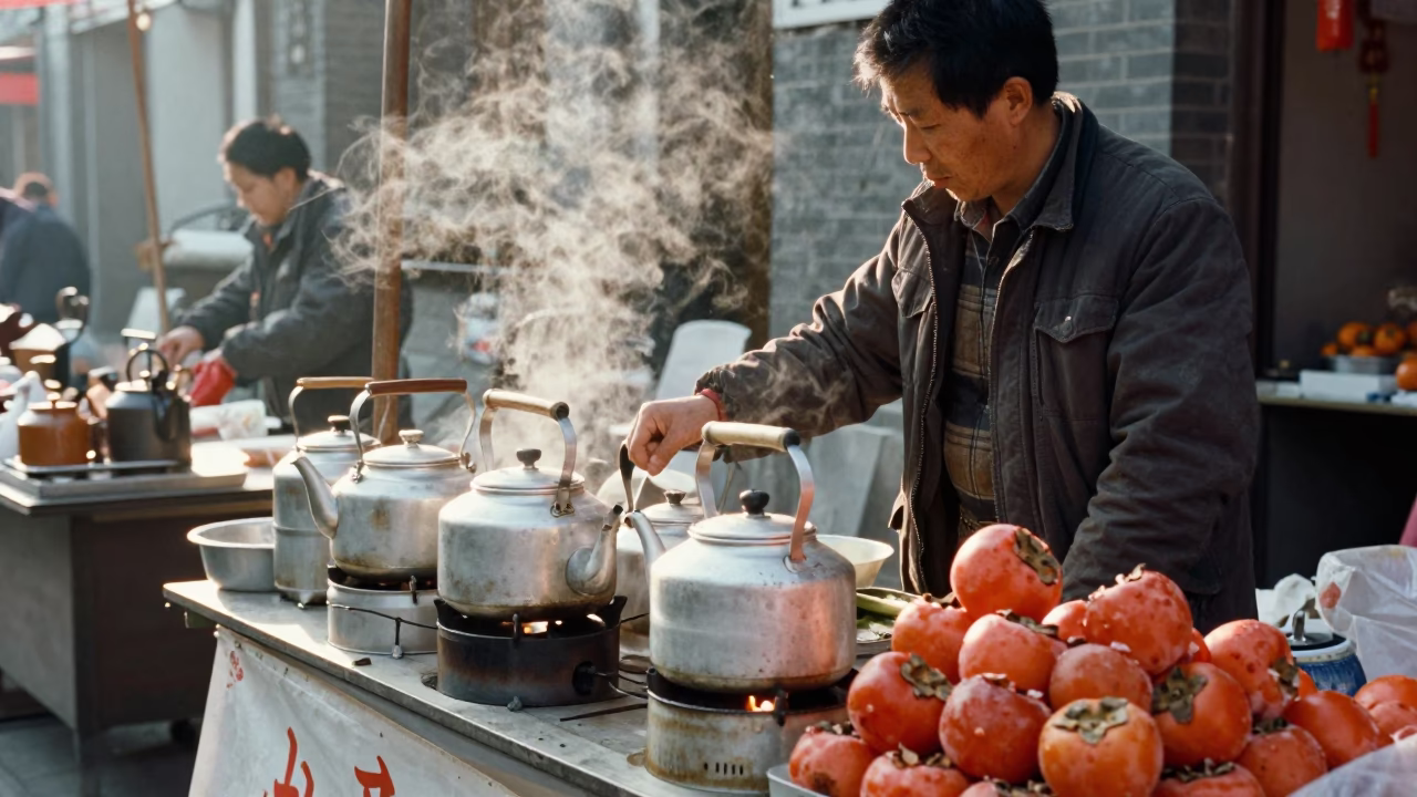 Morning Market Stall in Shanghai China with Tea Kettles and Persimmons in in Shanghai, China