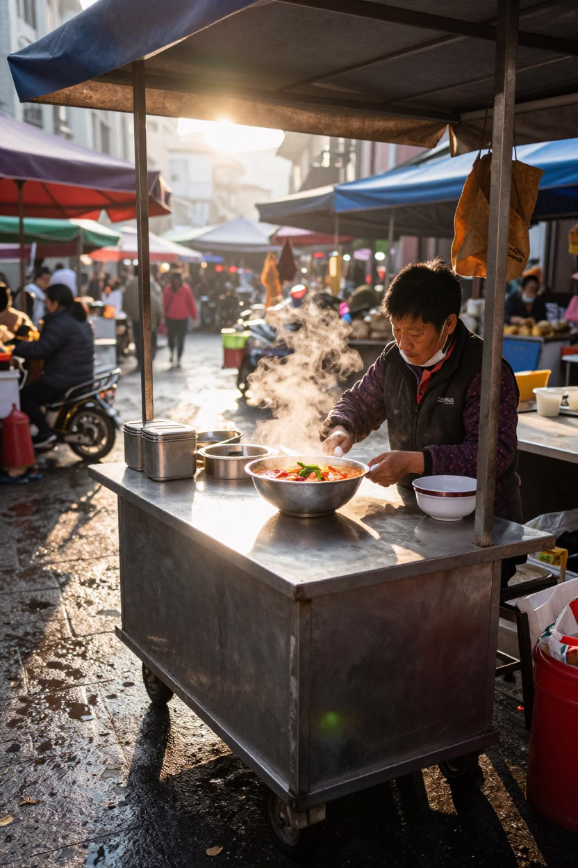 Morning Market Stall in Shanghai with Tom Kha Gai and Cleaning Tools in in Shanghai, China