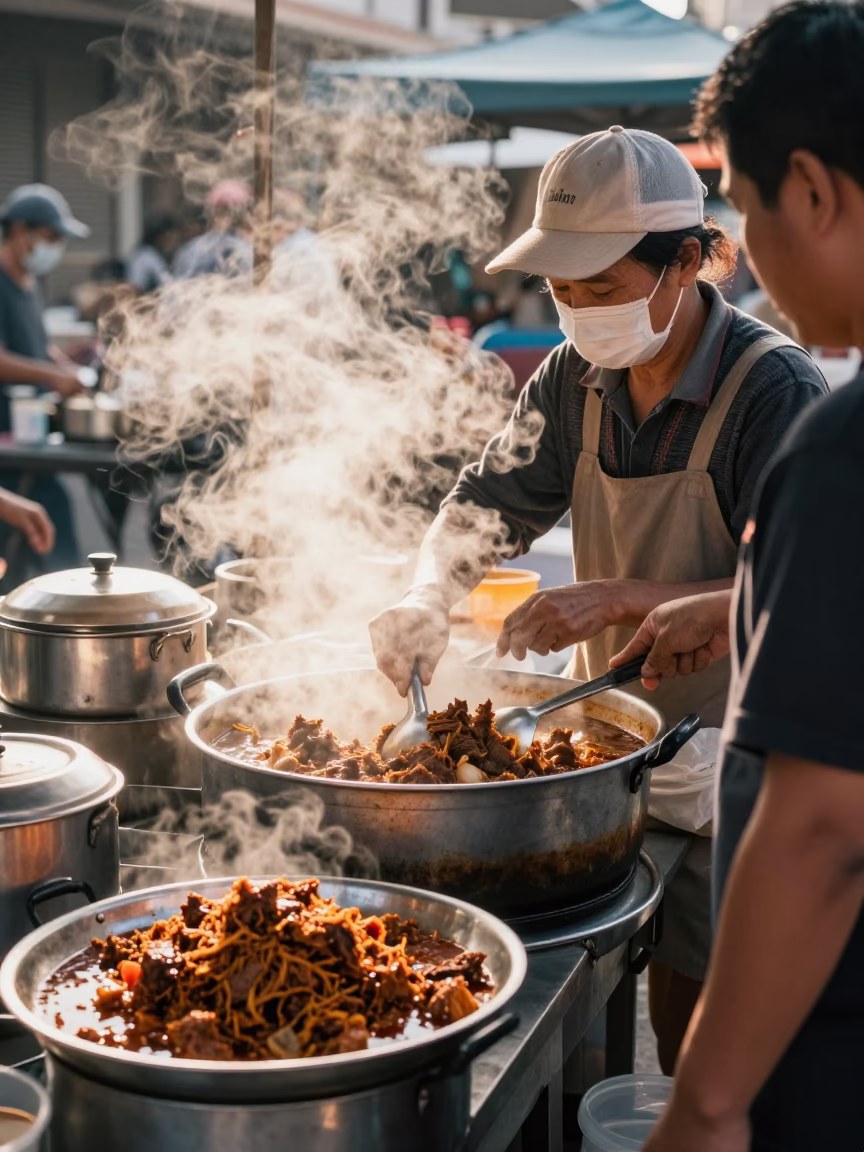 Morning Market Stall in Tainan Taiwan with Beef Rendang and Steamed Rice After Sunrise in in Tainan, Taiwan