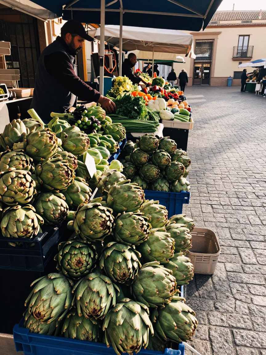 Morning Market Stall in Valencia Spain Displaying Fresh Artichokes and Vegetables After Sunrise in in Valencia, Spain