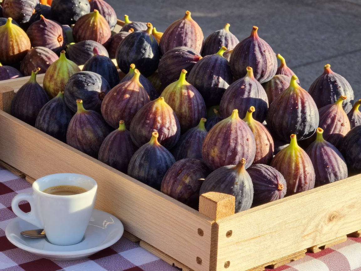 Morning Market Stall in Valencia Spain with Fresh Figs and Espresso Cup in in Valencia, Spain