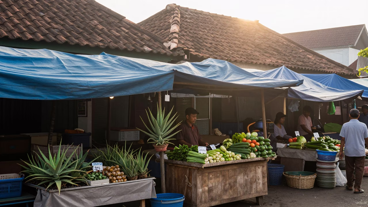 Morning Market Stall in Yogyakarta Indonesia with Aloe Vera Plant and Local Vendor in in Yogyakarta, Indonesia