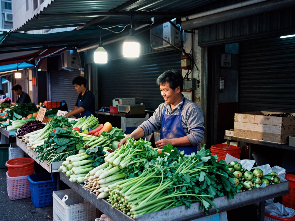 Morning Market Stall Vendor Arranging Fresh Produce in Hong Kong in in Hong Kong, Hong Kong