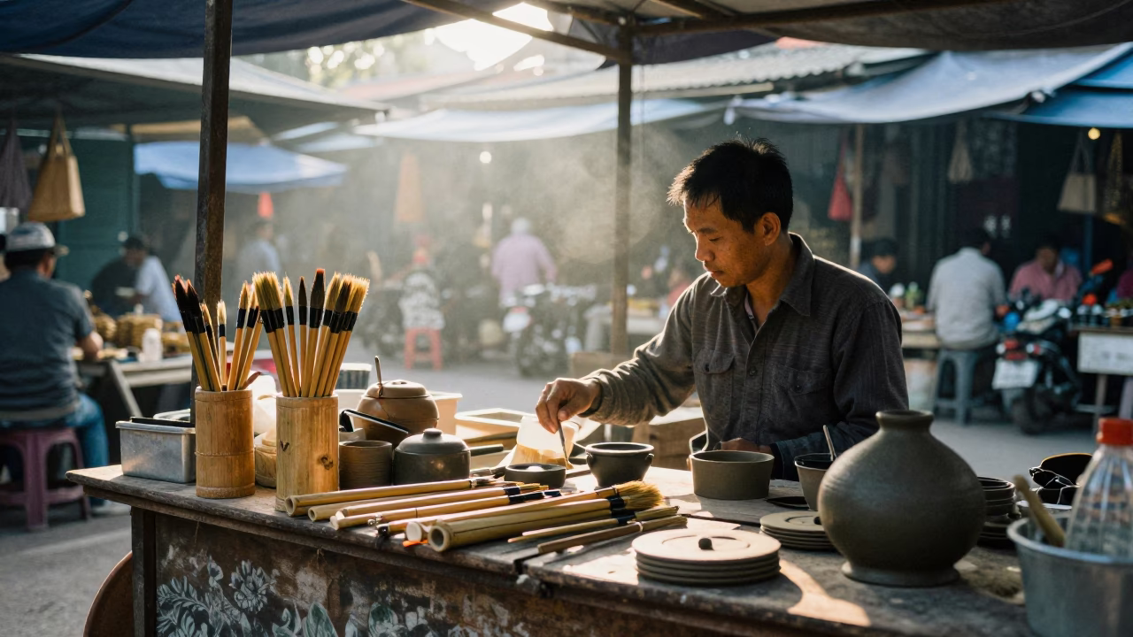 Morning Market Stall with Bamboo Brushes and Clay Pots in Hanoi Vietnam First Light in in Hanoi, Vietnam