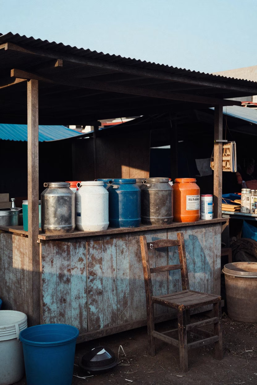 Morning Market Stall with Canisters and Ladder-Back Chair in Phnom Penh in in Phnom Penh, Cambodia