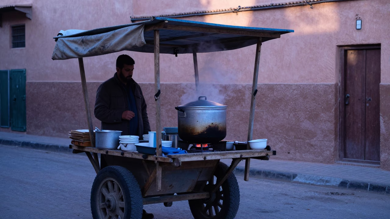 Morning Market Stall with Cooking Pot in Marrakech Before Sunrise in in Marrakech, Morocco
