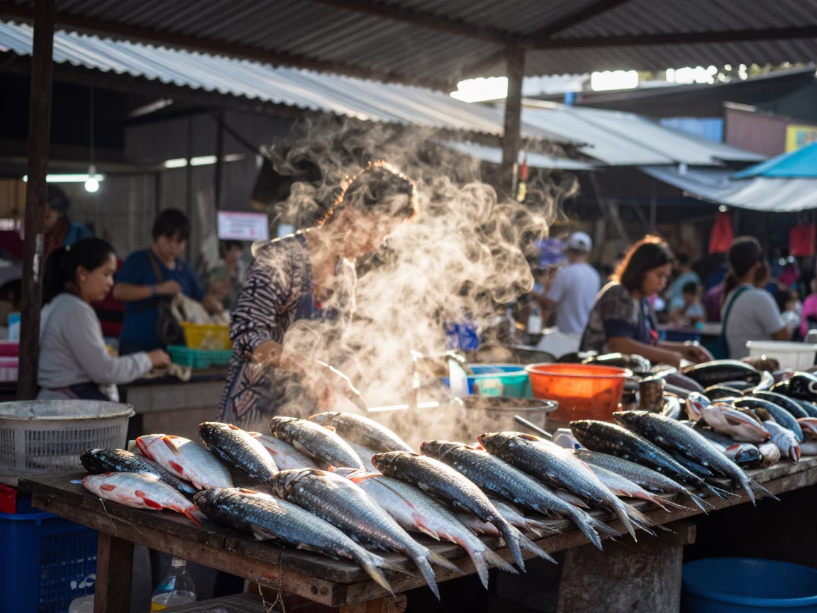 Morning Market Stall with Fish Scales and Steam in Ho Chi Minh City Vietnam in in Ho Chi Minh City, Vietnam