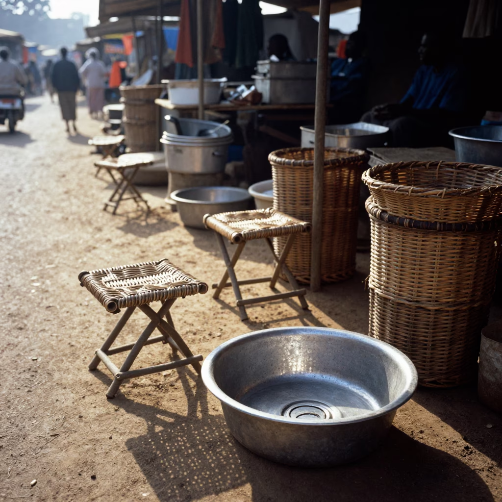 Morning Market Stall with Folding Stools and Wicker Shadows in Nairobi Kenya First Light in in Nairobi, Kenya
