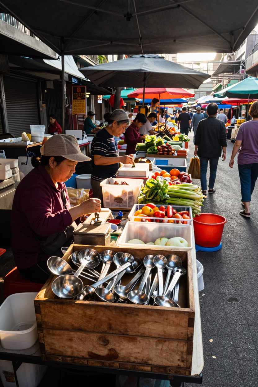 Morning Market Stall With Measuring Spoons And Crate In Taipei in in Taipei, Taiwan
