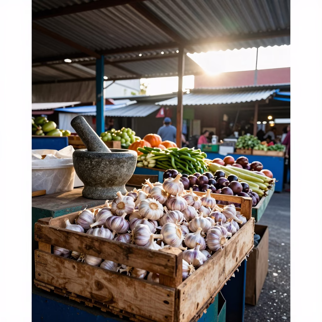Morning Market Stall with Mortar Pestle and Garlic in Buenos Aires in in Buenos Aires, Argentina