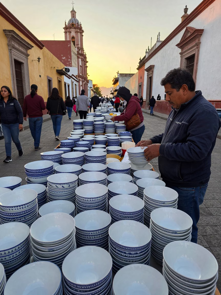 Morning market stall with porcelain bowls in Guadalajara dawn light in in Guadalajara, Mexico