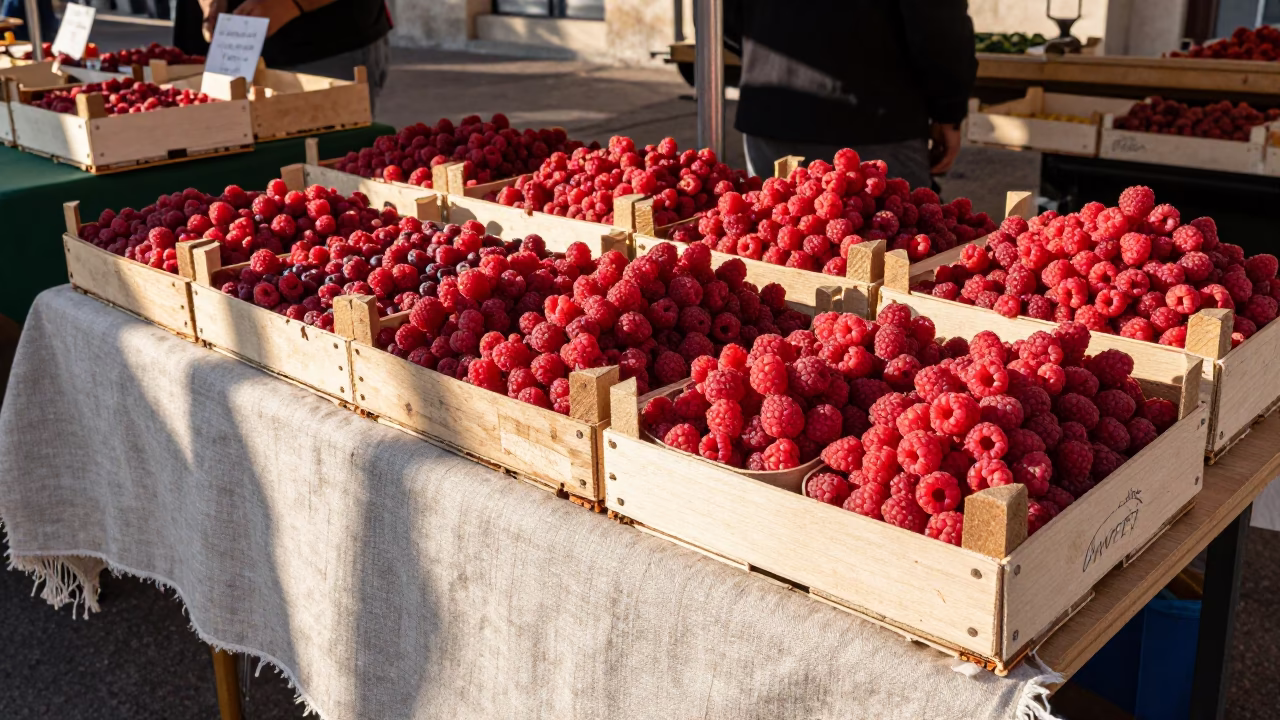 Morning market stall with raspberries and linen runners in Lyon France in in Lyon, France