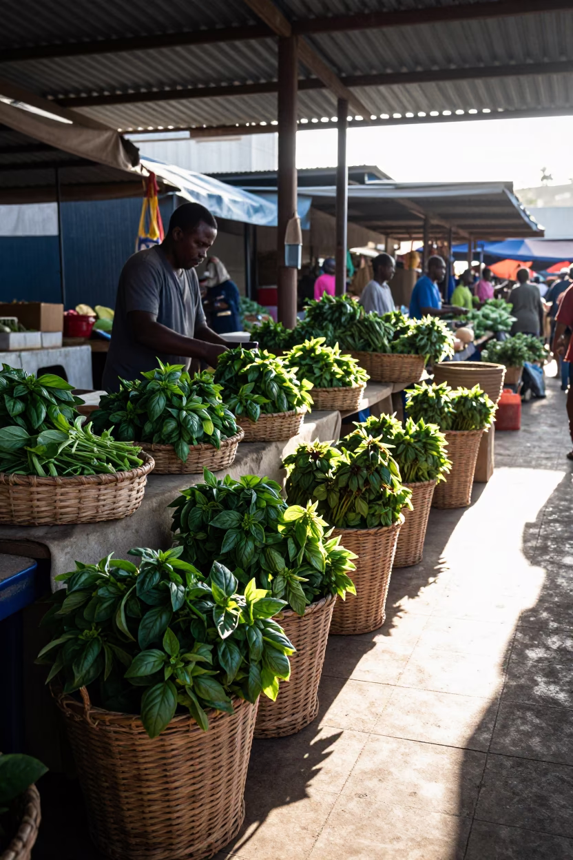 Morning market stall with woven baskets and fresh produce in Durban in in Durban, South Africa