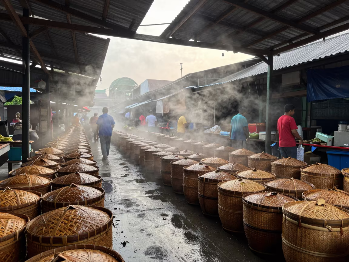 Morning Market Steam Over Bamboo Tea Baskets Jakarta in in a covered bazaar aisle in Jakarta