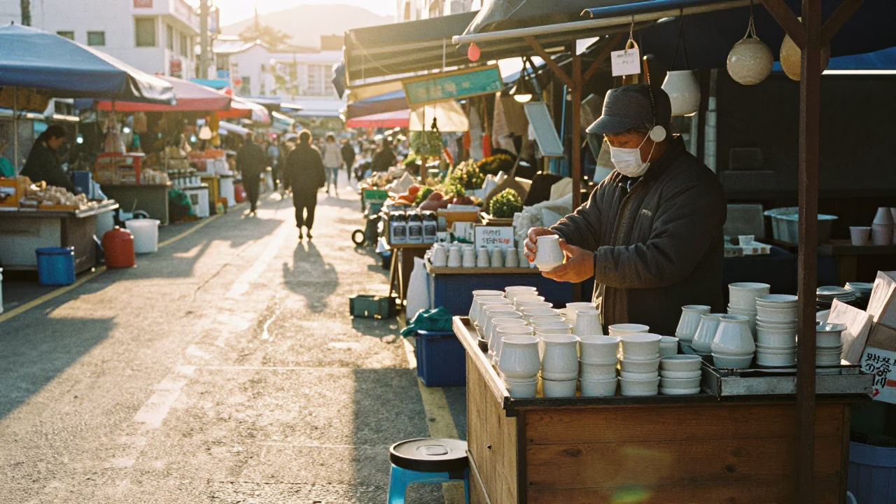 Morning Market Vendor in Busan South Korea Holding Ceramic Cup After Sunrise in in Busan, South Korea