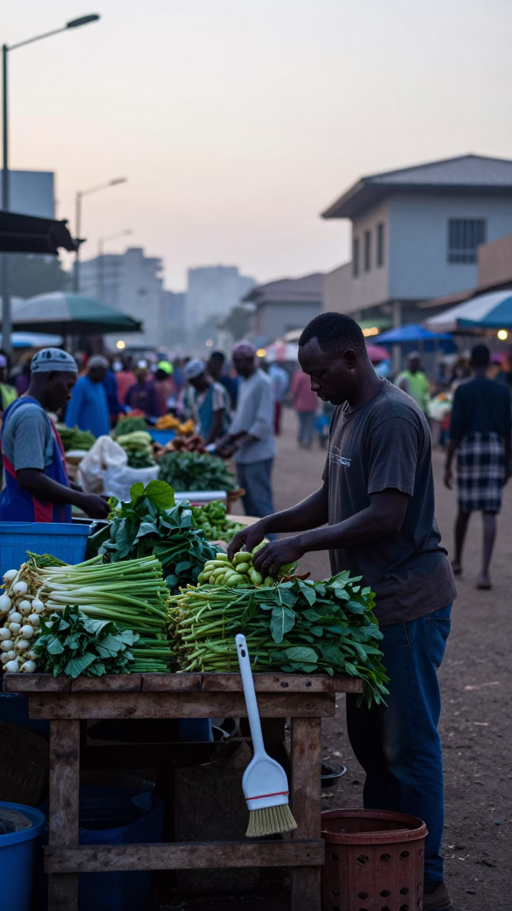 Morning Market Vendor in Nairobi Kenya Preparing Fresh Produce Before Sunrise in in Nairobi, Kenya