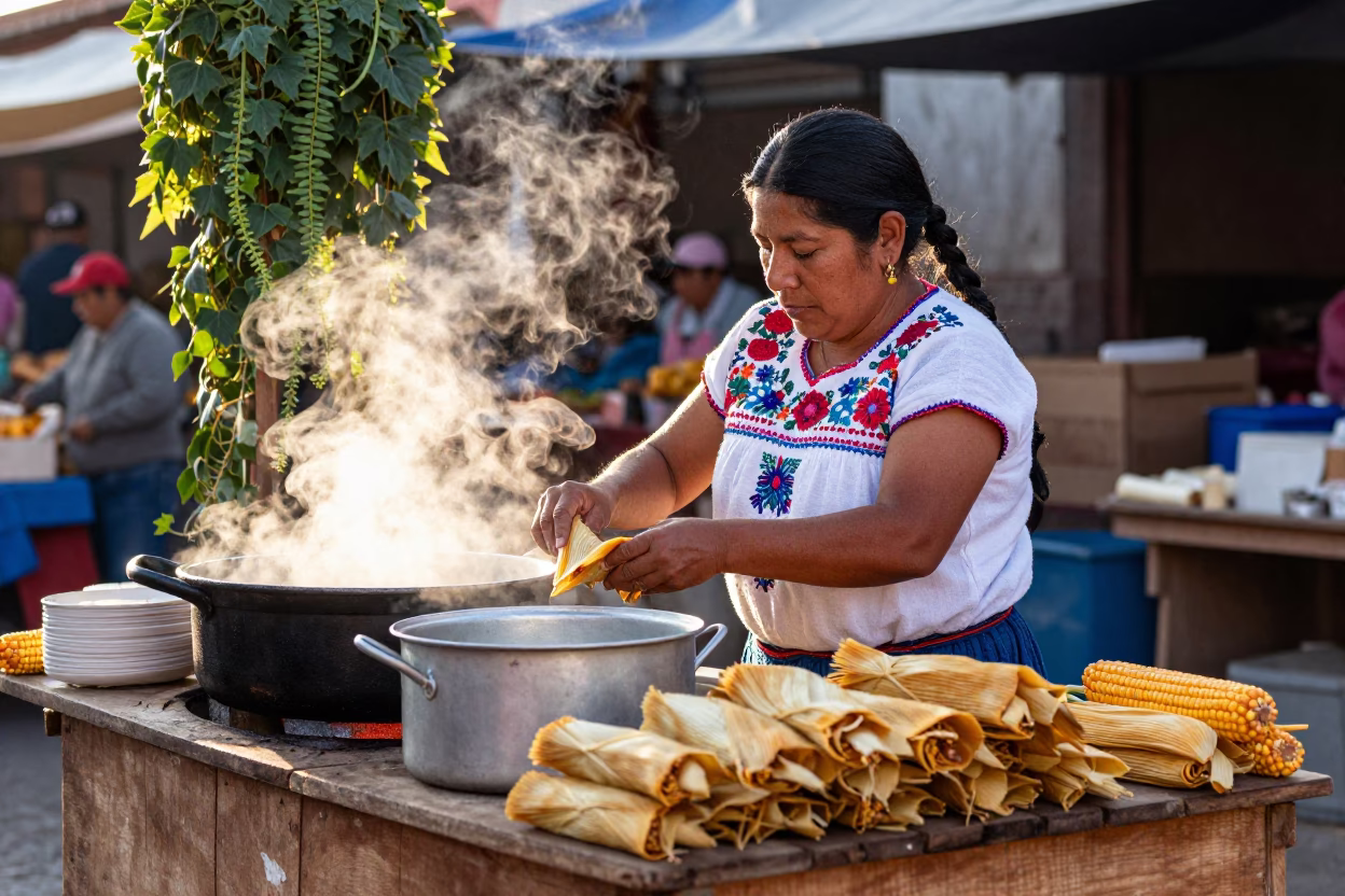 Morning Market Vendor in Oaxaca Mexico Preparing Tamales with Ivy and Glass Jars in in Oaxaca, Mexico