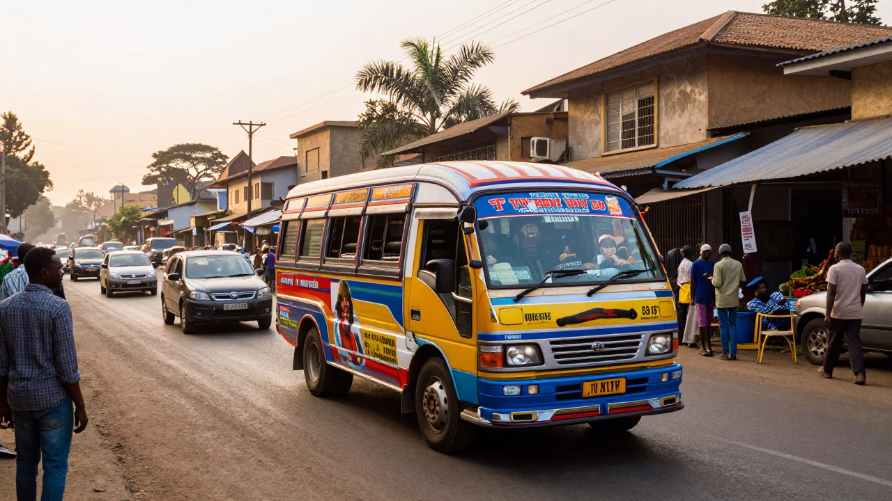 Morning Matatu Traffic and Market Activity in Nairobi Kenya First Light in in Nairobi, Kenya