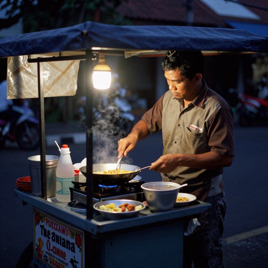 Morning Meal in Denpasar at The Predawn Darkness Light in in Denpasar, Indonesia