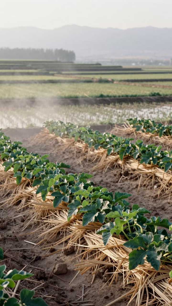 Morning Melon Vines on Sandy Farm Near Golmud in among terraced rice paddies near Golmud