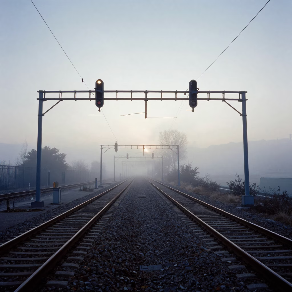 Morning Mist Along Marseille Rail Lines with Signal Gantry and Hydrangea Bush in in Marseille, France