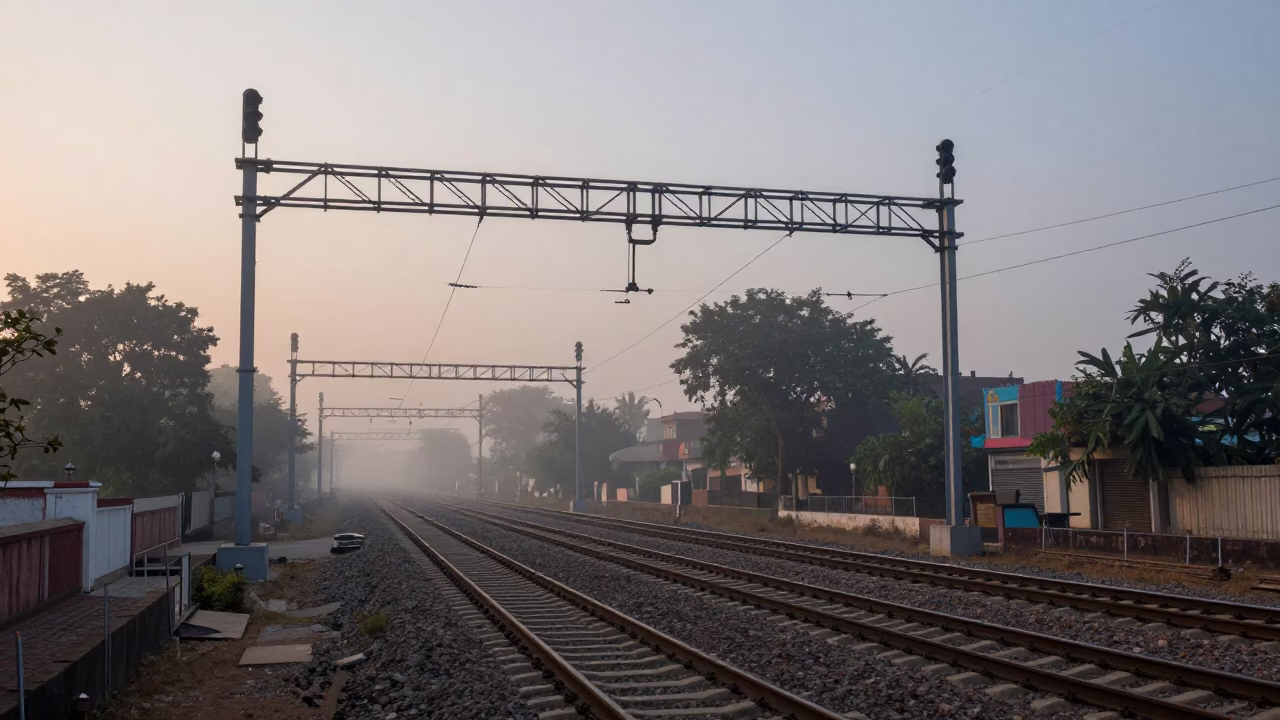 Morning Mist and Rail Infrastructure in Pre-Dawn Jaipur India Street Scene in in Jaipur, India
