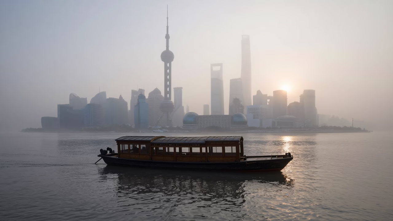 Morning Mist at Sunrise Light in Shanghai in in Shanghai, China