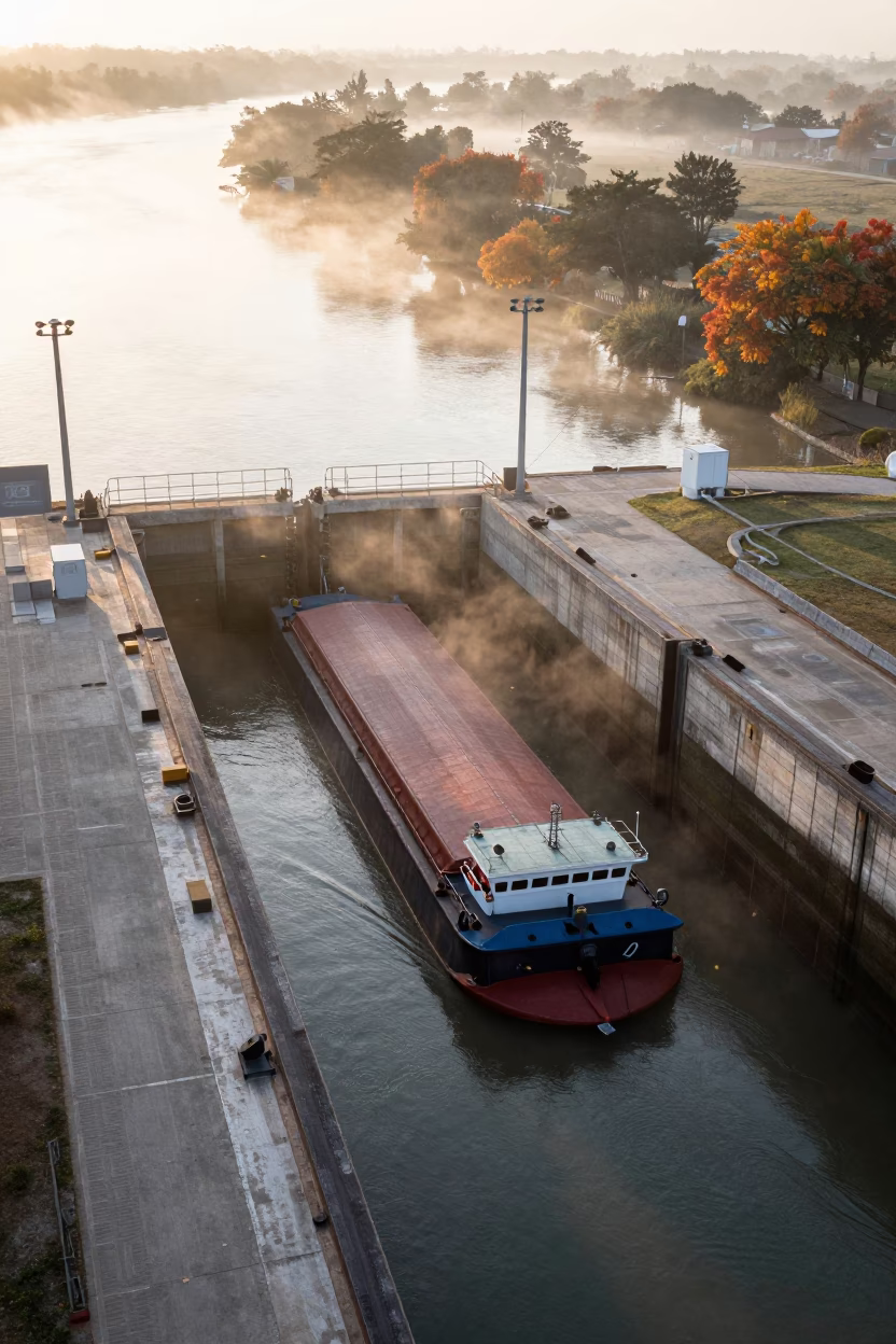 Morning Mist Over Barges in Bolivian Lock Staircase in across a remote ferry crossing in Bolivia
