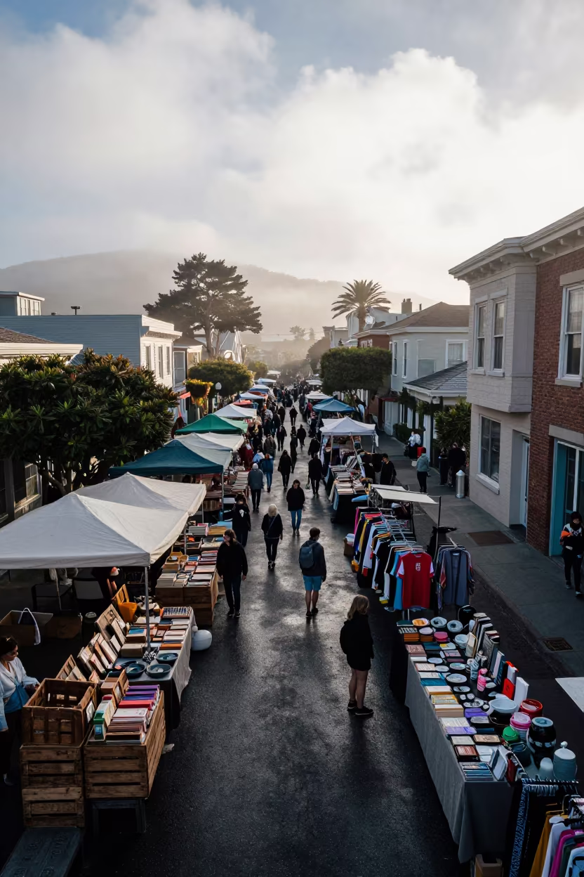 Morning Mist Over Crowded Hayes Valley Flea Market Lane in in a flea market lane in Hayes Valley, San Francisco