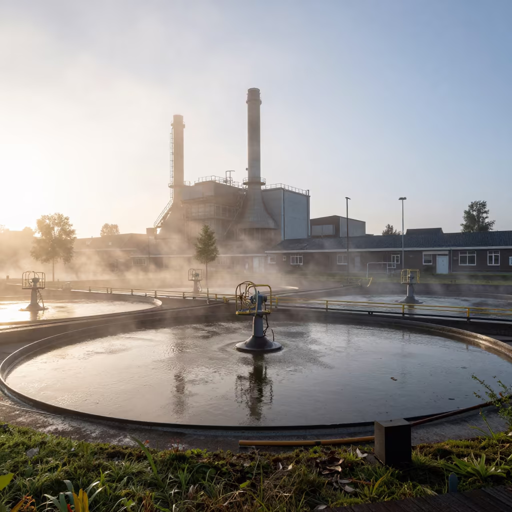 Morning Mist Over Industrial Settling Basins in beside a blast furnace near Nieuwmarkt, Amsterdam