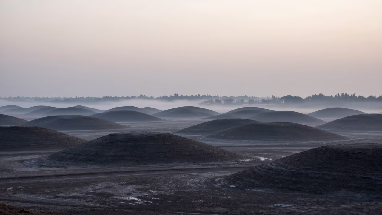Morning Mist Over Jacobabad Drumlin Hills in across a floodplain after rain near Jacobabad