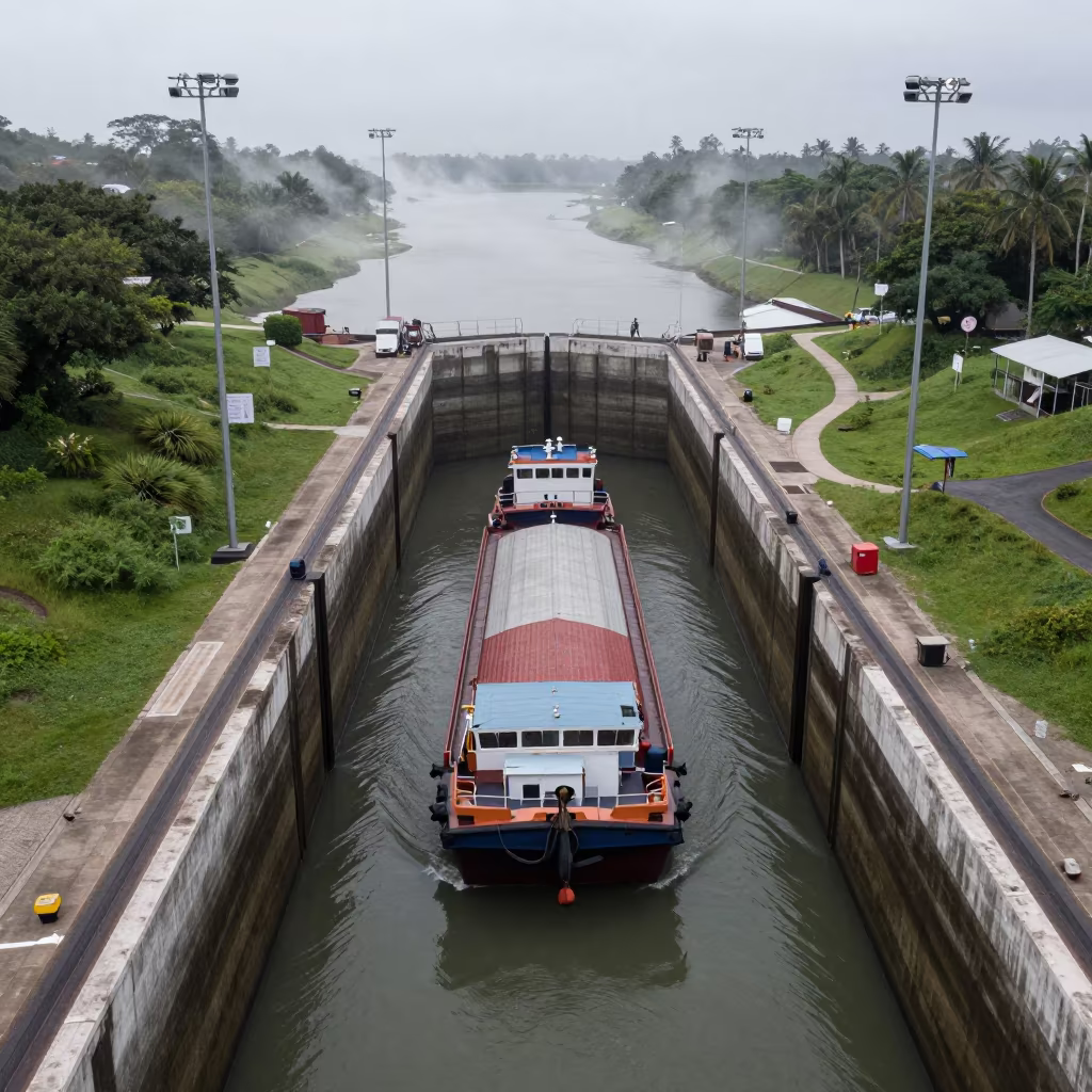Morning Mist Over Lock Staircase Barges Trinidad in along a switchback approach in Trinidad and Tobago