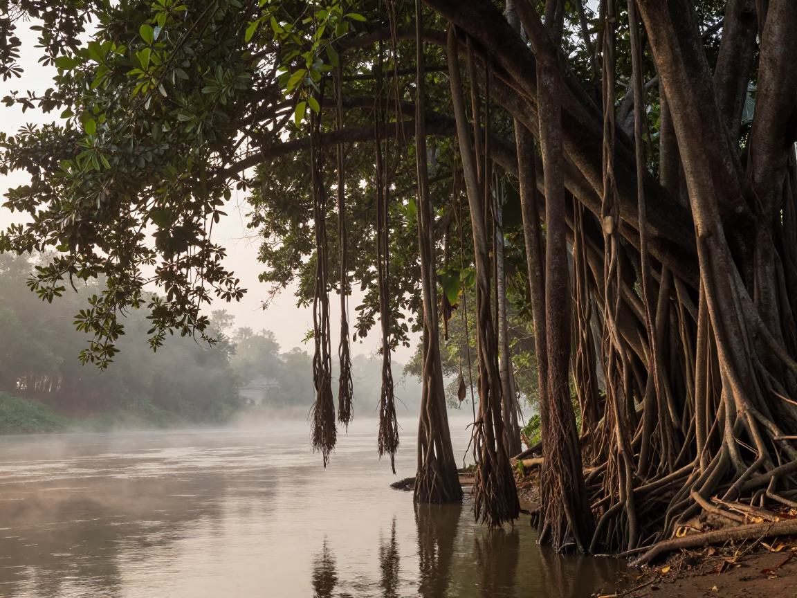 Morning Mist Over Chiang Mai River with Banyan Grove Roots and Local Activity in in Chiang Mai, Thailand