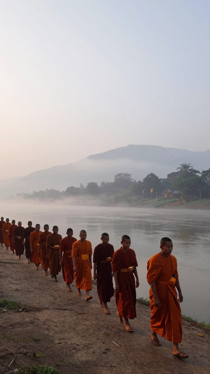 Morning Mist Over Mekong River in Luang Prabang Laos Alms Giving Ceremony in in Luang Prabang, Laos