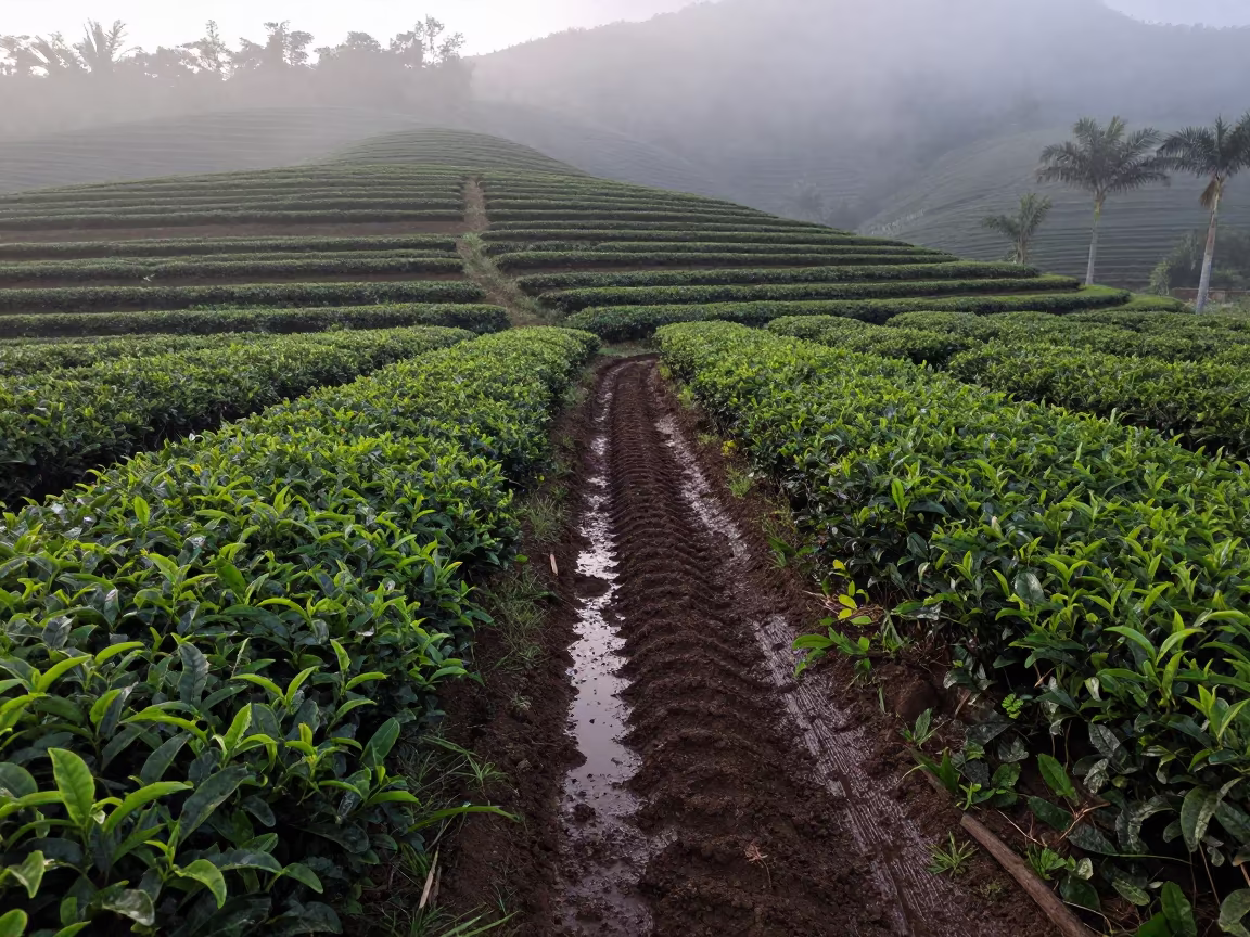 Morning Mist Over Terraced Tea Hills in beside a tractor track through dark soil in Hawaii