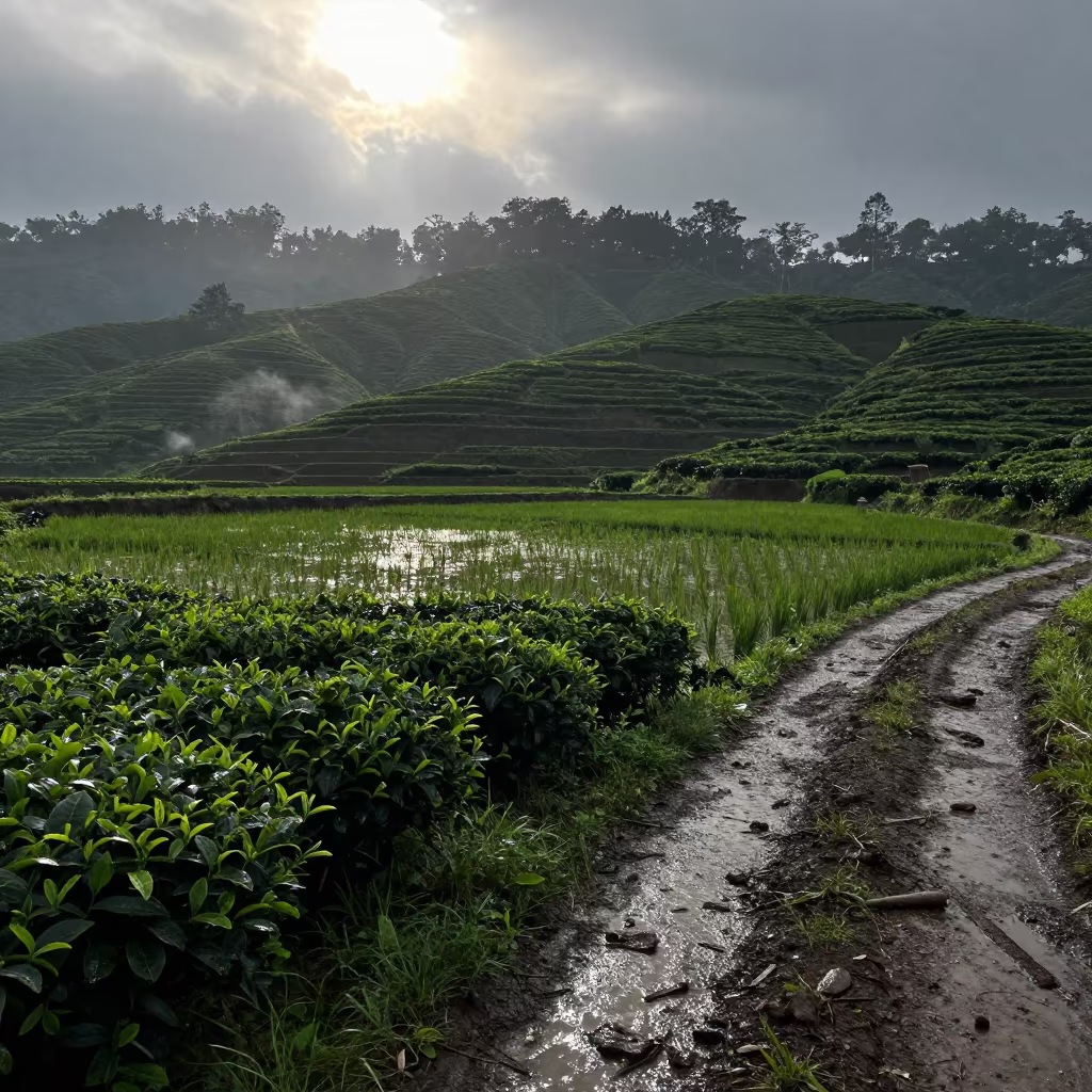 Morning Mist Over Terraced Tea Plantation Paddies in among terraced rice paddies near Menteng, Jakarta