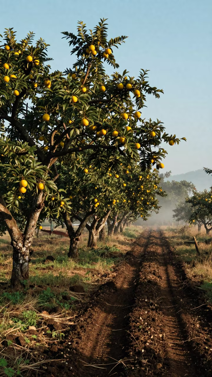Morning Mist Touching Gnarled Trees in Davao Orchard in beside a tractor track through dark soil near Davao