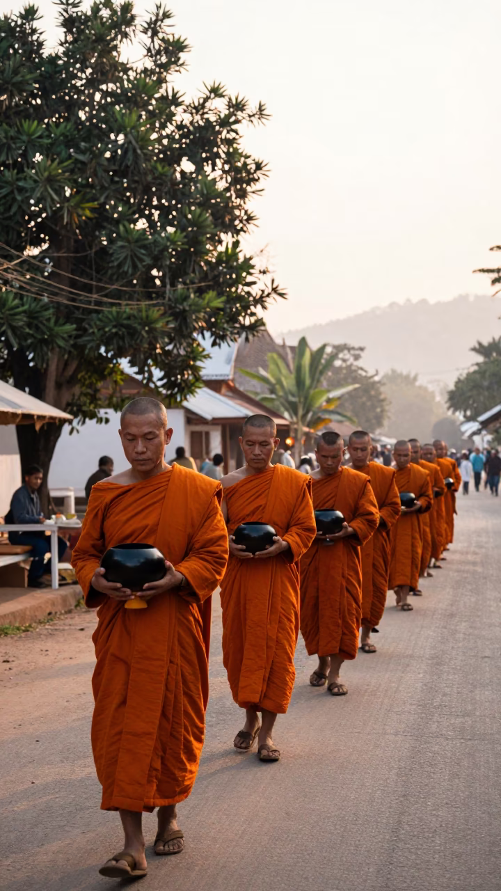 Morning Monks Alms Giving in Luang Prabang Laos Saffron Robes Golden Light in in Luang Prabang, Laos