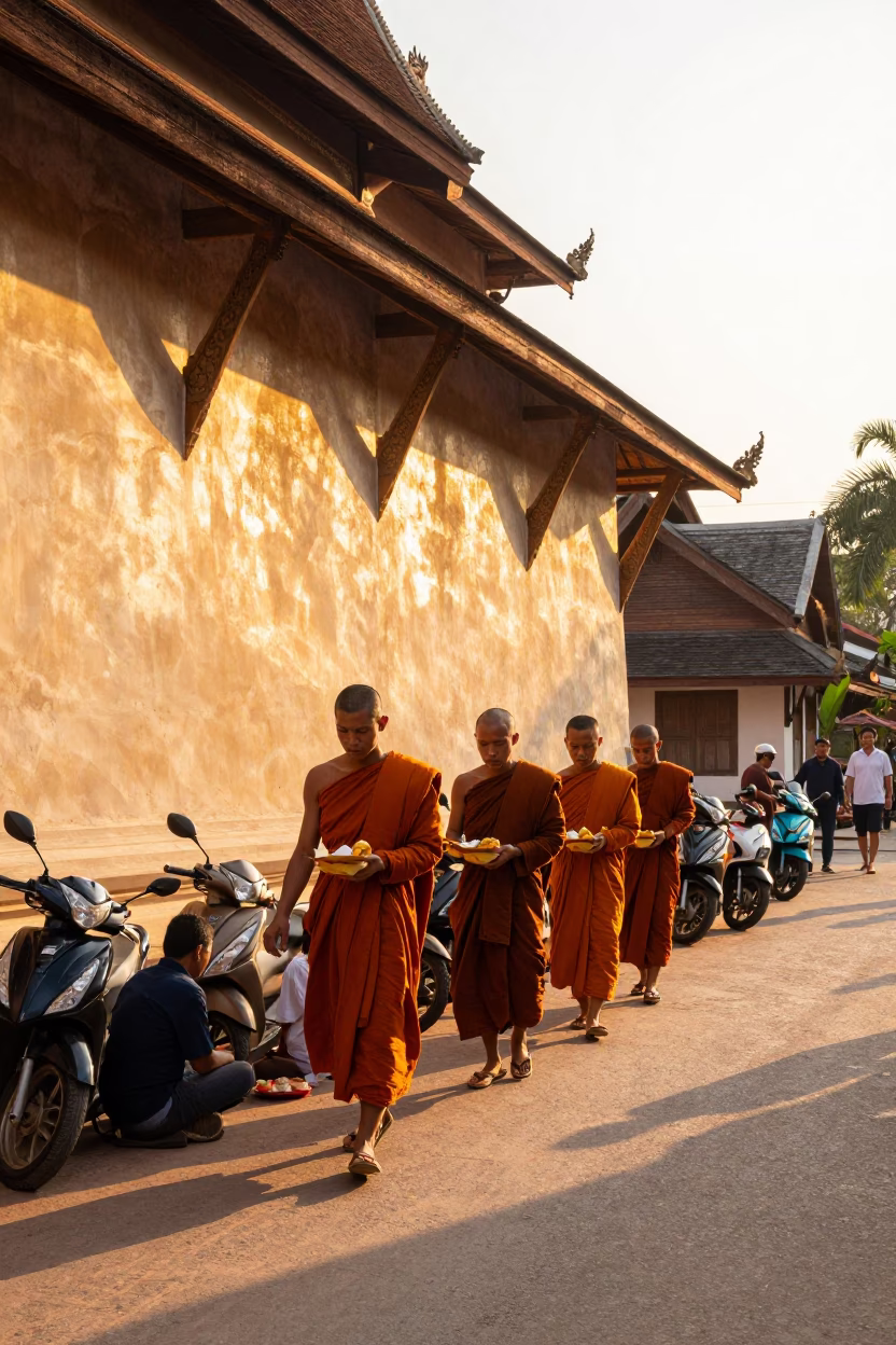 Morning Monks and Scooters in Chiang Mai Thailand Just After Sunrise in in Chiang Mai, Thailand