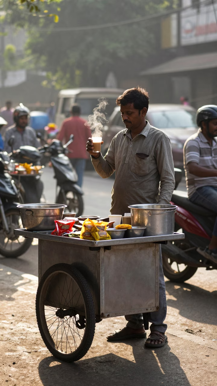 Morning Mumbai Street Food Vendor Serving Chai and Snacks Outside Traditional Shop in in Mumbai, India