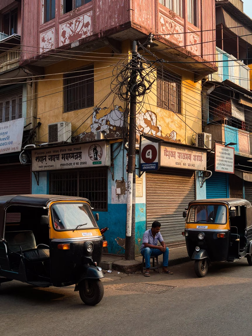 Morning Mumbai Street Scene with Coffee Tin and Auto Rickshaw at Sunrise in in Mumbai, India