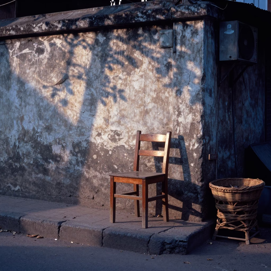 Morning Mumbai Street Scene with Wooden Chair and Wicker Shadow Before Sunrise in in Mumbai, India