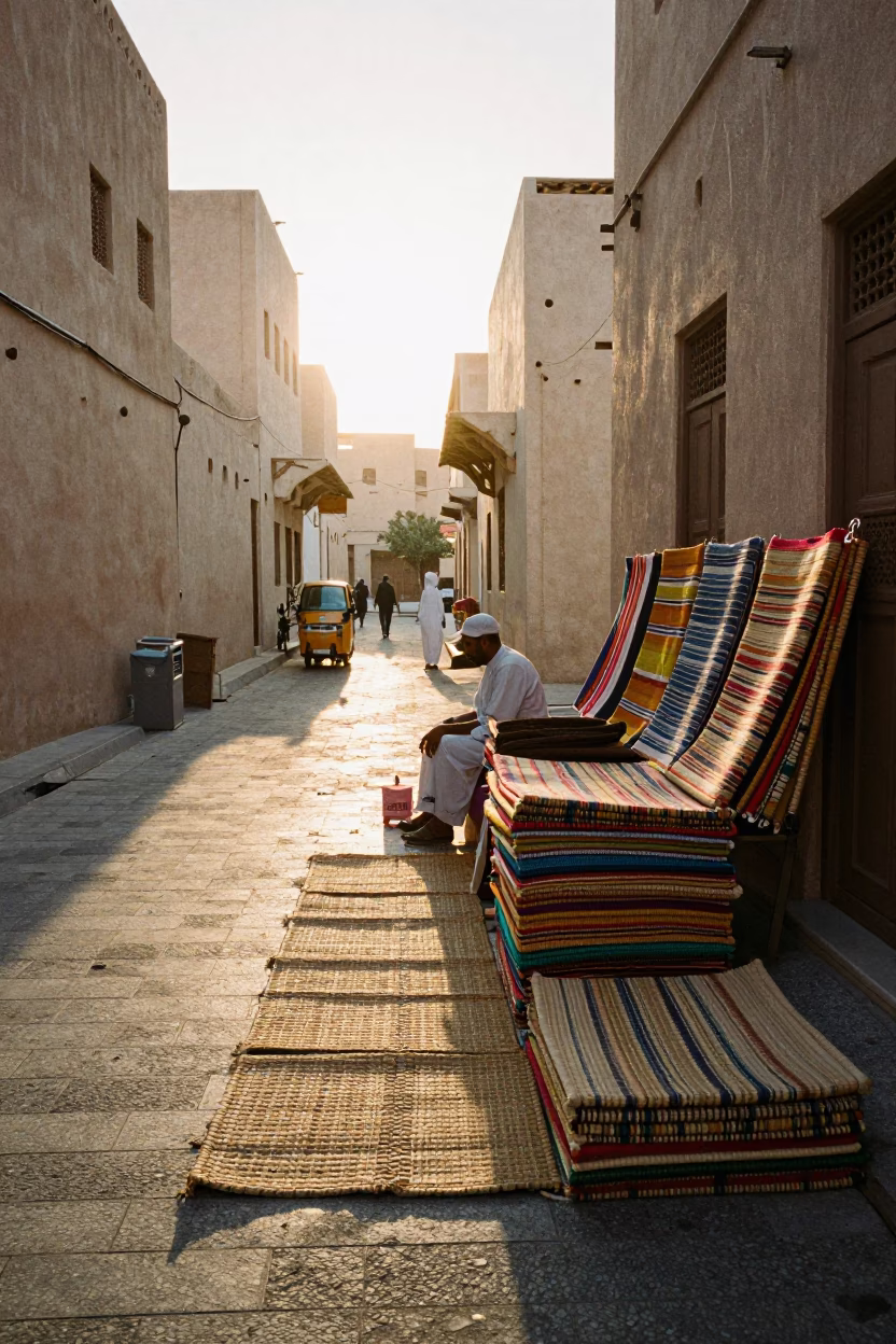 Morning Muscat Oman Street Scene with Woven Mats and Sunlit Tile Details in in Muscat, Oman