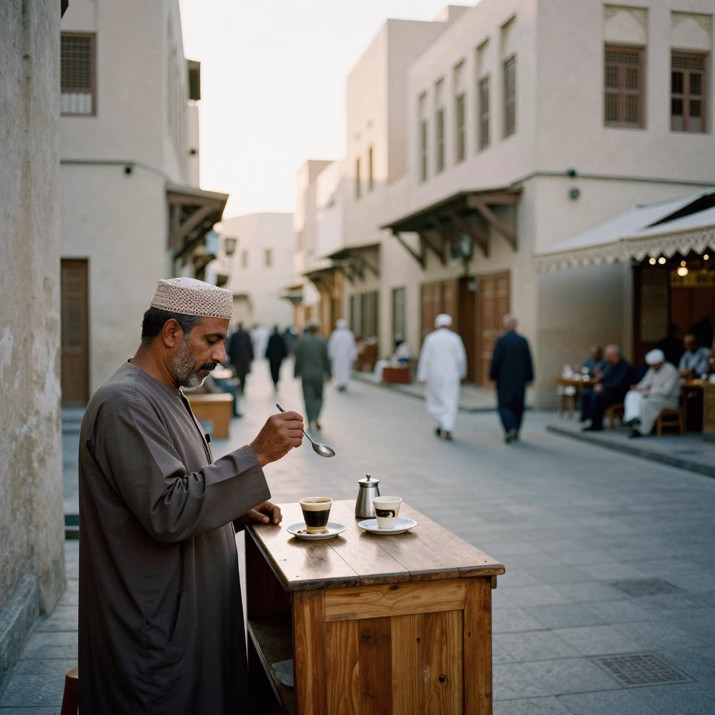 Morning Muscat Street Scene with Coffee Tasting and Local Commerce in in Muscat, Oman