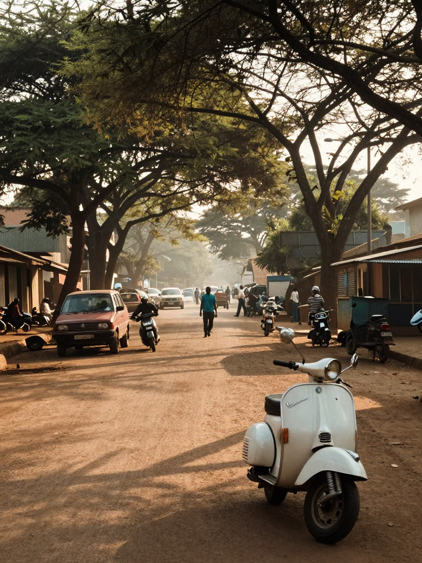 Morning Nairobi Street Scene with Vintage Vespa and Local Market Activity in Kenya in in Nairobi, Kenya