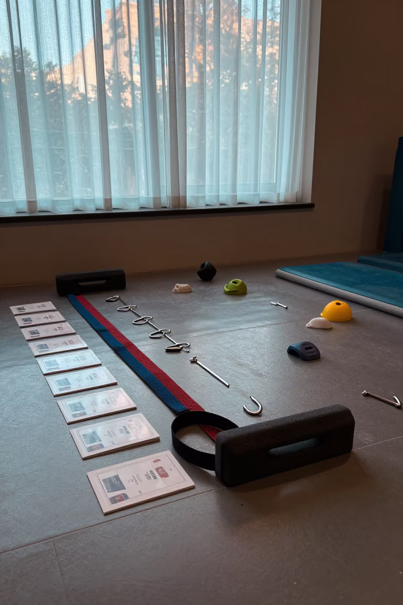 Morning Natatorium Pool Noodle Bin with Blue Reflections in inside a climbing gym warmup zone near Dalian
