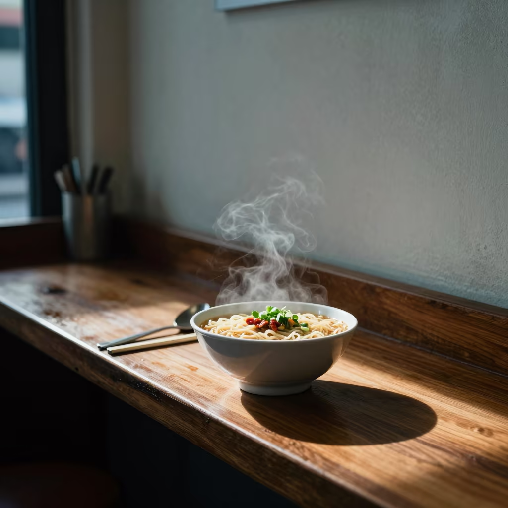 Morning Noodle Bowl at Mumbai Harbor Café in at a noodle counter in Fort, Mumbai