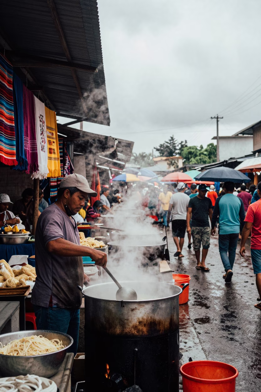 Morning Noodle Vendor at Guanare Market Stall in at a textile trader's stall in Guanare